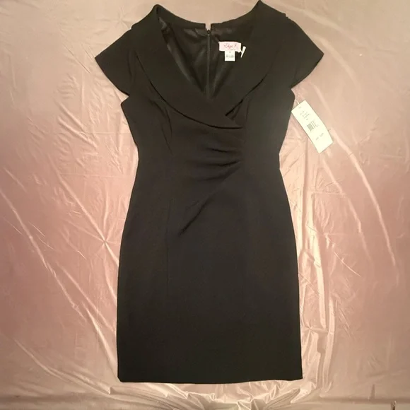 NWT Eliza J Black Midi V-Neck Capsleeve Dress Size 12P - Picture 2 of 7